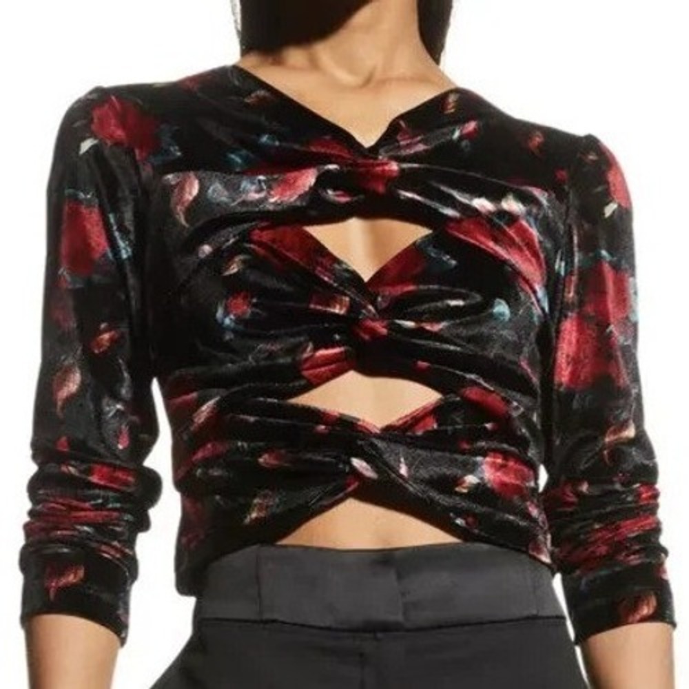Autumn Adeigbo Womens Velvet Rose Floral Twist Cutout Crop Top Black Red Size 14